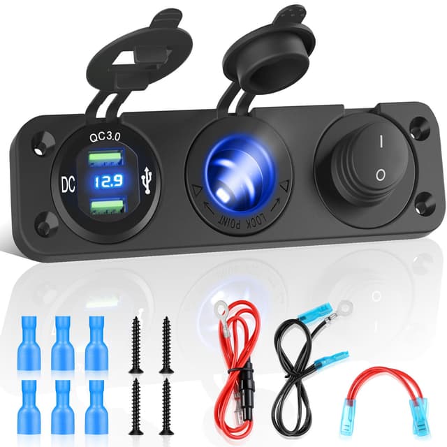 Kohree USB Steckdose 12V Wohnmobil QC 3.0 12V Steckdose USB Einbau Auto mit Voltmeter Wasserdicht, Car Charger Socket Panel mit Unabhängigem Kippschalter, Zigarettenanzünder Adapter, für Motorrad Boot 3 in 1