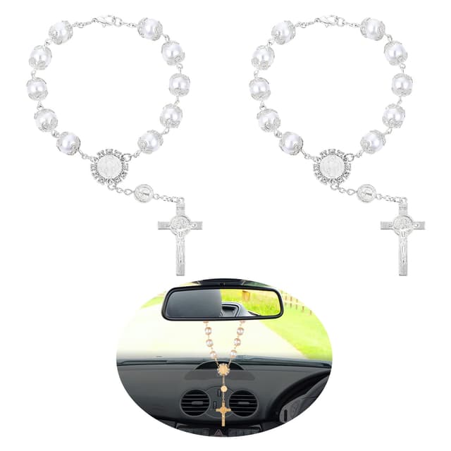 Cobee Auto-Rosenkranz für Rückspiegel, 2 Stück Autospiegel zum Aufhängen, Kreuz, Auto-Rosenkranz, Rückspiegel-Anhänger, Auto-Hängezubehör, Innendekoration für Damen und Herren (weiß)