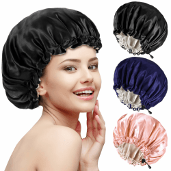 PAEFIU 3 Stück Schlafhaube Seide aus Doppelschicht, Seidenhaube zum Schlafen Damen Silk Bonnet Satin Haarhaube für Die Nacht(Schwarz,Rosa,Dunkelblau)