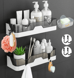 EigPluy 2 Stück Badezimmer Regal, Ohne Bohren Badezimmerregale, Duschregal Plastik Duschkörbe an der Wand montiert für Küchen und Badezimmer(mit 1-Seifenschalen und 4-Haken)