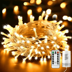Qedertek Weihnachtsbeleuchtung Außen Batterie 10M 100 LED Lichterkette Timer mit Fernbedienung, Wasserdicht Lichterkette für Innen Party Weihnachtsbaum Dekoration (Warmweiß) 10m-warmweiß Transparente Kabel