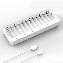 12 Fach Akku Ladegerät AA AAA, Dlyfull Batterieladegerät für AA AAA NI-MH NI-CD Akkus mit Type C und Micro USB Eingangsport, Schnelle Akkuladegerät mit LED Anzeige für Wiederaufladbar Batterien