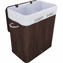 TOSANEO Bambus Wäschekorb 100 Liter Braun Wäschesammler mit Deckel Wäschebox mit 2 Fächer Wäschetonne mit Griff Wäschesack herausnehmbar Braun 100 Liter