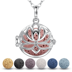 EUDORA Harmony Ball Aromatherapie Kette Damen Aroma Diffusion Halsketten Frauen, Aroma Oel Diffuser Charme Anhänger Yoga Meditations Schmuck Geschenke für Mutter Lavaestein Perlen Kette 7PCS, 24" Lotus