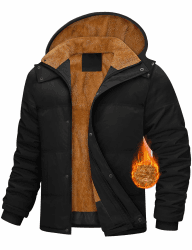 Yuson Girl Winterjacke Herren Warme Fleecejacke Winddicht Parka Jacke Outdoor Wintermantel Gefüttert Steppjacke Verdickt Winterparka Thermojacke mit Abnehmbar Kapuze und Teddy-Futter Schwarz XL