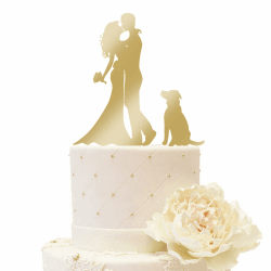 iEventStar Acryl Hochzeitstortenaufsatz für Braut und Bräutigam mit einem Hund Party Kuchen Dekoration (Paar mit 1 Hund, Spiegelgold) Spiegelgold Paar mit 1 Hund