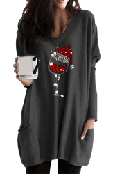 OMZIN Damen Weihnachten Sweatshirt Langarmshirt Weihnachtspullover mit Komisch gedruckt Xmas Outfit Dunkelgrau L