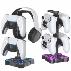 KDD Kopfhörer Halter, Controller Halter mit 9 Lichtmodi, Drehbare Headset Halterung mit 2 USB Anschlüsse, Typ-C Anschluss & 3,5mm AUX, Universal Gaming Headphone Stand für Schreibtisch Gamer Schwarz