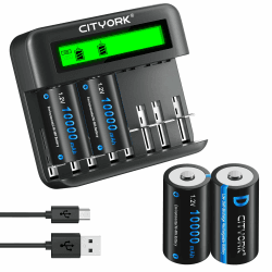 CITYORK D Cell 10000mAh wiederaufladbare Batterien mit 8 Slots NI-MH NI-CD Ladegerät für AA AAA CD Akku (Ladegerät und 4 Stück D Akku)