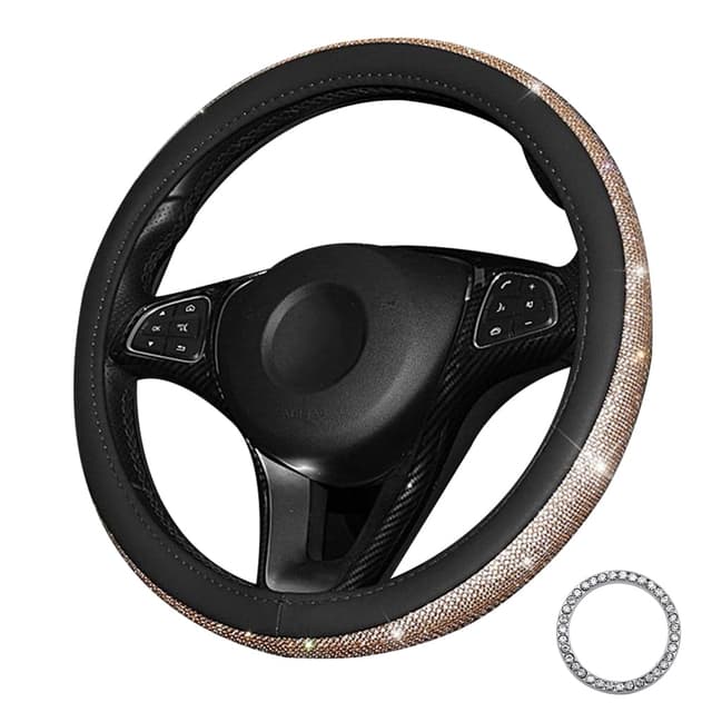 Lifetooler Lenkradbezug Glitzer mit Bling Strass Lenkradhülle Leder Strasssteine Atmungsaktive Universal 38cm/15 Inch Bequem Anti Rutsch Auto Accessoires für Frauen (schwarz-Gold) 1-Schwarz-Gold