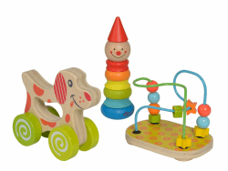 Eichhorn - 100003750 -Lernspielset,Geschenkset, 3 teilig,bestehend aus Steckfigur Clown, Motorikschlaufe, Schiebehund, Birkenholz, für Kinder ab 12 Monaten