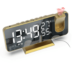 VORRINC Projektionswecker, Radiowecker Digitaler Wecker mit FM-Radio, 7" LED Spiegelbildschirm, Dual-Alarm mit USB-Anschluss, 4 Projektionshelligkeit, 180 ° Flip-Anzeige und 12 / 24H (Tyrannengold)