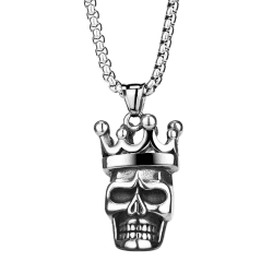 Flongo Herren-Kette Totenkopf Mit Krone Anhänger Halskette, Edelstahl Halskette Kette Silber Schwarz mit Schädel Totenkopf Anhänger Hip-Hop Gotik Biker Herren-Accessoires
