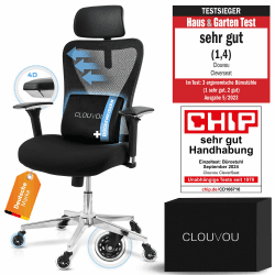 CLOUVOU CleverSeat Bürostuhl Ergonomisch | Schreibtischstuhl [4D Chrom-Metallarmlehne, Blade Wheels] | Büro Stuhl, Computerstuhl Home Office Chair Ergonomic, Drehstuhl 150 kg Cleverseat (Schwarz)