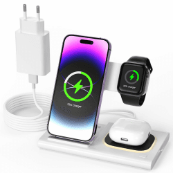 4 in 1 Ladestation für iPhone und Apple Watch, Faltbarer Wireless Induktive Charger für iPhone 16 15 14 13 12 11 Pro SE Mini Apple Watch 9 8 7 6 SE 5 4 3 2 Air Pods Pro Weiss