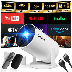 Mini Beamer, 4K FHD 1080P 180°Dreh Tragbarer Projektor, Klein Videoprojektor Unterstützt 2.4/5G Dual WiFi und Bluetooth 5.0, mit Android und IOS 11.0 Heimkino Smart Beamer Doppelsteuerung mit Maus Weiß