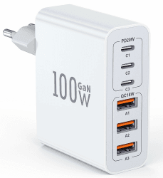 USB C Ladegerät, 100W 6-Port USB C Adapter Mehrfach Ladegerät mit USB-C und USB-A, Schnellladegerät PD 3.0 USB C Charger Power Netzteil für iPhone 16 15 14 13 12 11 SE XS XR 8, iPad, Samsung, Handys White Plug