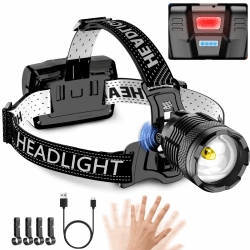 Stirnlampe LED Wiederaufladbar, 20000 Lumen Superhell Kopflampe mit Bewegungssensor 3 Lichtmodi, Einstellbarer Fokus , IP68 Wasserdicht Stirnleuchte für Caming Wandern Angeln Fotografieren DIY Arbeit