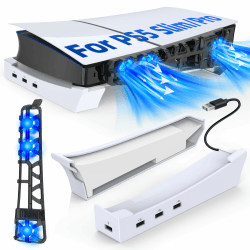 MENEEA Horizontaler Ständer-Fan für PS5 Slim Konsole mit LED-Beleuchtung, 3 Ebenen der Kühlung Zubehör Station für 2023 Playstation 5 Slim mit 1 x USB 3.0,4 x USB 2.0 Port Hub