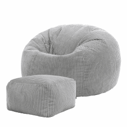 Icon Kingston Sitzsack mit Hocker, Grau, Sitzsack Sessel, Cord Sitzsack, Sitzsack Erwachsene mit Füllung, Sitzsack Flauschig, Sitzsack Schlafzimmer, Sitzsack Wohnzimmer Grau Sitzsack + Hocker
