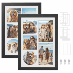 SONGMICS Bilderrahmen, 6 Passepartouts, 2er Set Fotorahmen für mehere Bilder, Collage für Fotos in 10,2 x 15,2 cm oder 10,2 x 10,2 cm, spurenlose Wandhaken, 36,5 x 26 cm, aschschwarz RPF024B02 Eschenschwarz 2