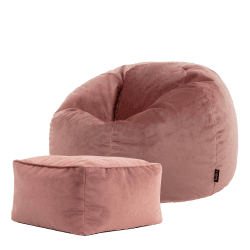 Icon Klassischer Sitzsack „Aurora“ mit Hocker, Rosa, Plüschsamt, Sitzsack Sessel für Erwachsene mit Füllung, Groß Sitzsäcke für das Wohnzimmer Rosa Sitzsack + Hocker