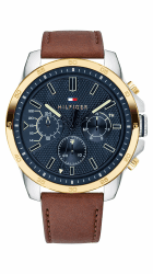 Tommy Hilfiger Analoge Multifunktionale Quarz-Uhr für Herren mit Silikon-, Edelstahl- oder Lederarmband, Unterzifferblätter für Tag und Datum, Wasserdicht bis 5ATM. Blue Leather