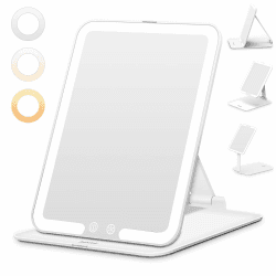 Auxmir Kosmetikspiegel mit Beleuchtung, Wiederaufladbar Tragbar Spiegel Schminkspiegel, Faltbar Reisespiegel mit 3 Lichtfarben, Ultraschlank Tischspiegel mit Licht für Zuhause Reise 21L x 15.5B cm Weiß