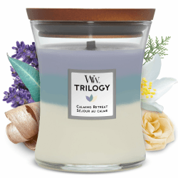 WoodWick mittelgroße Trilogy-Duftkerze im Sanduhrglas mit knisterndem Docht, Calming Retreat, bis zu 60 Stunden Brenndauer, 275g , lavendel