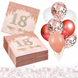 VEGCOO Servietten 18. Geburtstag,40 Stück rosa Happy Birthday Servietten, 18+ Geburtstagsparty Konfetti, 15 g + 8 Stück 10 Zoll Besätze,Dekorationen zum 18 Geburtstag für den Geburtstag