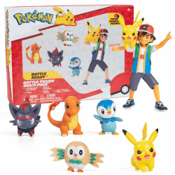 Pokémon Battle bereit! Figure Set Spielzeug, 6 Stücke - Inklusive 4.5" Ash & Launching Pikachu, 2" Charmander, 2" Rowlet, 2" Piplup, 2" Zorua - Officially Lizenz - Geschenk für Kinder, Jungen &