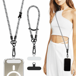 TiMOVO Handykette Universal zum Umhängen, 2 Stück Verstellbar Schlüsselband, 1 x Halsband + 1 x Handgelenkband, Polyester Handyband Handy Lanyard mit 2 Lanyard-Patch, Schwarz & Weiß