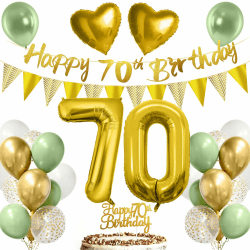 70. Geburtstag Deko Mann Frau, Luftballon 70 Deko Geburtstag Grün Gold Weiß mit Happy Birthday Girlande, Tortendeko für 70.ter Geburtstag Dekoration
