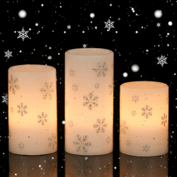 Eldnacele Schneeflocken LED Kerzen mit 6-Stunden-Timer, batteriebetriebene flammenlose Säulenkerzen aus echtem Wachs, 3er Set (7,5x10/12,5/15 cm) für Weihnachtsdekoration