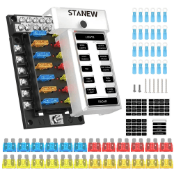 12-Wege-Blade-Sicherungskasten, Flachstecksicherungsblock mit negativem Bus, Standard-Sicherungskastenhalter mit LED-Anzeige für 12V/24V Kfz-Auto Boot Marine Truck Yacht SUV RV 12 Fach Sicherungskasten