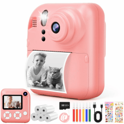 Yabtf Sofortbildkamera Kinder, 2.4 Zoll Bildschirm 48MP/1080P Kinderkamera Sofortbildkamera mit 5 Rollen Druckpapier, 32GB Karte, 6 Farbigen Stiften, 2 Aufkleber Geschenk für Kinder 3-12 Jahren Rosa