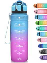 Niggeey Sport Trinkflasche 500ml, 700ml, 1L, 1,5L Trinkflasche Kinder Auslaufsicher, BPA-frei Tritan Motivierende Wasserflasche mit Zeitmarkierung, Sportflasche für Kinder, Schule, Fitness, Gym 17oz-bluepurple 500 ml