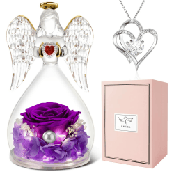 Miofula Engel Geschenke für Mama, Ewige Rose Engel Figur mit Halskette, Echte Rose mit LED Licht, Geschenke für Frauen Mutter Oma Freundin zum Geburtstag Jahrestag Muttertag Valentinstag Weihnachten 2-violett