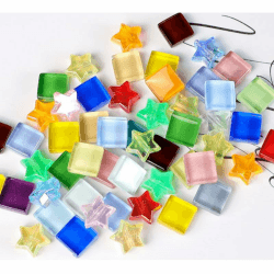 200g Bunte Kristall-Mosaik-Glasfliesen zum Basteln, Quadratisch und Stern kleine Mosaikglasstücke für Badezimmer, Küche, Heimdekoration(Gemischte Farbe)