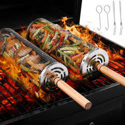 Grillkorb Edelstahl,2 Stück Grill Zubehör mit Holzgriff – Rolling Zylindrischer Grillkorb – für Outdoor-Camping, Gemüse-Grillkorb, Gegrilltes Gemüse, Fleischspieße, Meeresfrüchte（Ohne Grillsockel） Großes und mittleres Grillset