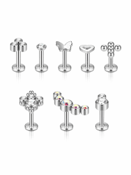 AllerPierce 8er Tragus Piercings Lippenpiercing 16ga 6mm Herz Kreuz Halbmond Schmetterling CZ Ohrstecker Nasenstecker Labret Helix Knorpel Piercing für Mädchen Frauen Silber
