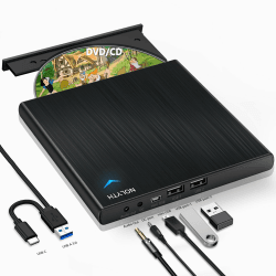 NOLYTH Externes CD Laufwerk, CD Laufwerk Extern USB, DVD Laufwerk Extern mit 1 Audio 2 USB Slots, Portable Externe Optische Laufwerke DVD Brenner CD Externes Laufwerk für Laptop Mac PC MacBook Windows