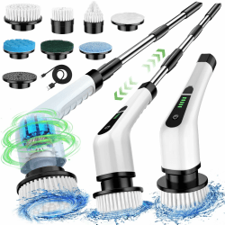 Elektrische Reinigungsbürste, Electric Spin Scrubber Schnurlos Mit 7 Austauschbaren Bürstenköpfen, 130cm Verstellbarem Griff für Bad Küche Auto Fußboden, Wanne und Bodenfliese MopSet Weiß