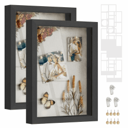 SONGMICS Bilderrahmen, 6 Passepartouts, 2er Set Fotorahmen zum Befüllen, 8 Stecknadeln, Collage für Bilder 10,2 x 15,2 cm, 10,2 x 10,2 cm, 3 spurenlose Wandhaken, aschschwarz RPF019B02 Eschenschwarz 2 Stücke (A4)