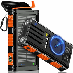 Wireless Solar Powerbank 26800mAh mit Handkurbel & 4 Kabeln, USB-C 15W Schnellladung Externer Akku 7 Ausgänge & 4 Eingänge, Dual-Taschenlampe, Outdoor wasserdichtes Solarpanel für Handy 26800mAh Orange