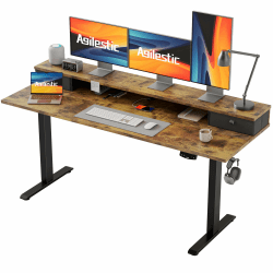 Agilestic Höhenverstellbarer Schreibtisch mit 2 Schubladen, 160 x 60 cm Stabiler Schreibtisch Höhenverstellbar Elektrisch, Ergonomischer Steh-Sitz Tisch Computertisch, Braun Braun 160 x 60 cm
