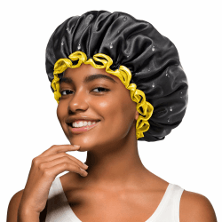 mikimini schwarze Duschhauben für Damen, Herren und Mädchen, 2 Packungen, wiederverwendbar, doppellagig, wasserdicht, Bade-Duschhut mit weichem, bequemem PEVA-Futter, dehnbare Duschhaube Medium (Pack of 2) Schwarz+Gelb
