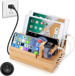 Handy Ladestation USB Ladegerät mehrfach Ladestation für mehrere Geräte Smartphone Ladegerät für mehrere Handys USB Ladestation mehrfach aus Bambus, Tablets 5-Port-Ladestation mit Uhrenladehalterung