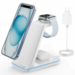 GEEKERA Wireless Charger, 3 in 1 Induktive Ladestation für iPhone 16/15/14/13/12/11/Pro Max/XS, Ladestation für Apple Watch Ultra/10/9/8/7/6/5/4/3/2/SE, Kabelloses Ladegerät für AirPods Pro/4/3/2-Weiß 3 in 1-EU Weiß