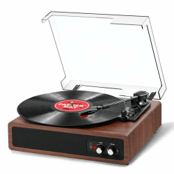 Plattenspieler, FYDEE Vinyl Plattenspieler mit Eingebauten Stereo-Lautsprechern, Bluetooth Schallplattenspieler mit Sender, 3 Geschwindigkeiten 33/45/78 RPM, Unterstützt RCA und AUX, Nussbaum Dunkelbraun